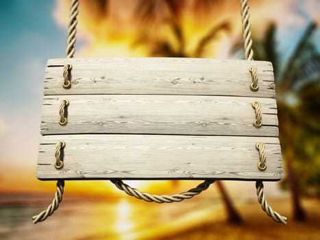 Old wooden plank tied with rope on holiday resort background. 3D illustration.