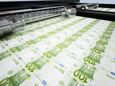 Money printing machine printing 100 euro banknotes. 3D illustration.