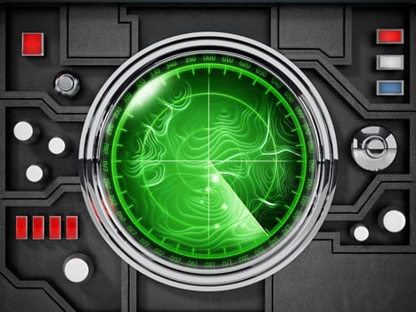 Retro radar system and control buttons. 3D illustration.