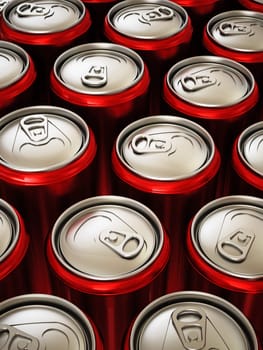 Red cans of soft non alcoholic drinks background. 3D illustration.