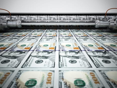 Money printing machine printing 100 dollar banknotes. 3D illustration.