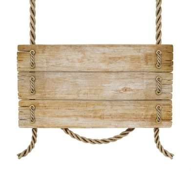 Old wooden plank tied with rope isolated on white background. 3D illustration.