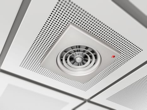 Drop grid ceiling fan on suspended ceiling. 3D illustration.