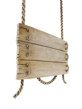 Old wooden plank tied with rope isolated on white background. 3D illustration.