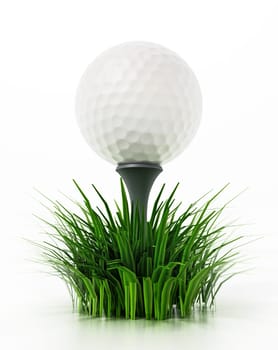 Golf ball standing on tee among grasses. 3D illustration.