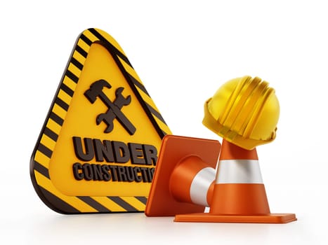 Under construction signboard, helmet and traffic cone. 3D illustration.