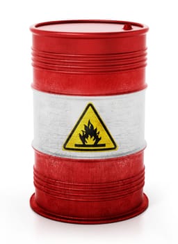 Old barrel with inflammable symbol isolated on white background. 3D illustration.