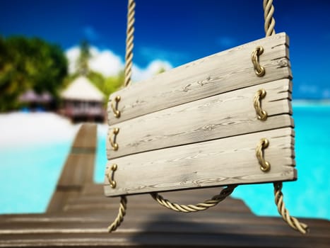 Old wooden plank tied with rope on holiday resort background. 3D illustration.