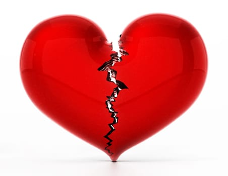 Broken and shattered heart isolated on white background. 3D illustration.