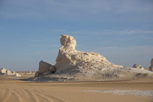 Sphinx shaped rock formation in the white desert, Egypt