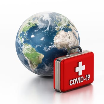 Covid-19 first aid kit and globe isolated on white background. 3D illustration.