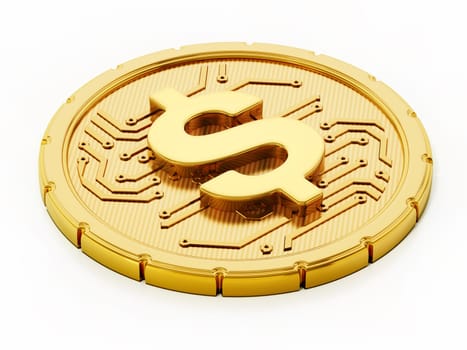 Gold coin with dollar sign and PCB texture. 3D illustration.