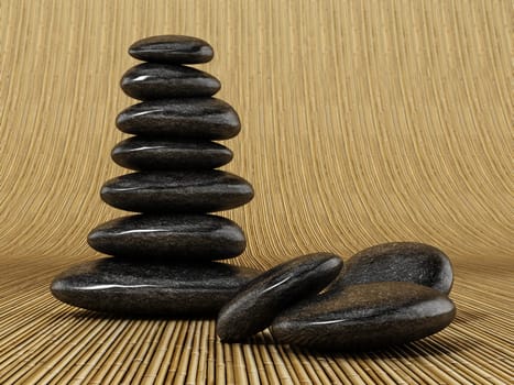Black balancing stones standing on bamboo background. 3D illustration.