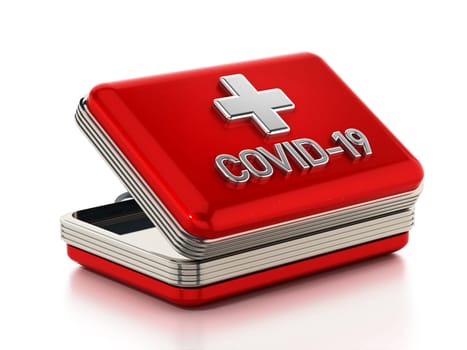 Covid-19 first aid kit isolated on white background. 3D illustration.