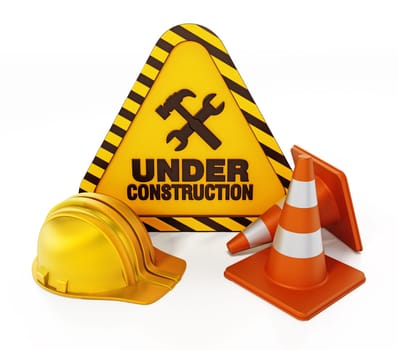 Under construction signboard, helmet and traffic cone. 3D illustration.