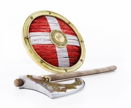 Viking shield and axe isolated on white background. 3D illustration.