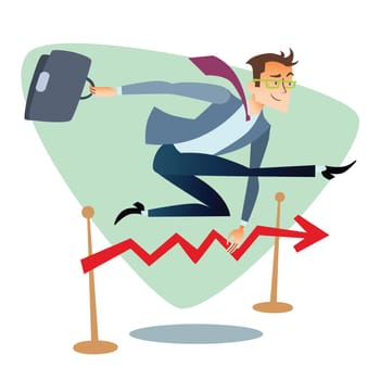 Businessman running and jumping over barriers schedule of sales. The topics of business through images of sport and athletes in the competition. Competition success and work