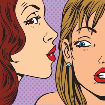 Gossips whisper of a womans ear. Emotional reaction men pop art comics retro style Halftone. Imitation of old illustrations