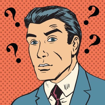 Male question marks misunderstanding Enigma Emotional reaction men pop art comics retro style Halftone. Imitation of old illustrations
