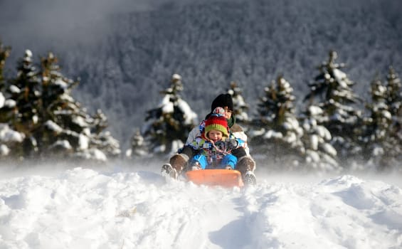a little boy sledging in the snow with an adult