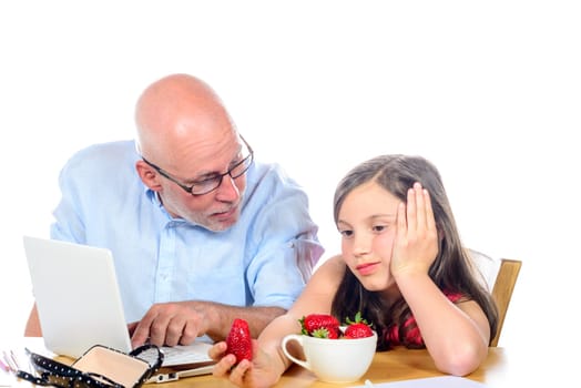 dad is angry with his daughter on white background