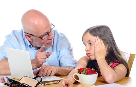 dad is angry with his daughter on white background