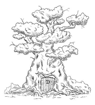 vector - Old big tree house with roots - isolated on background