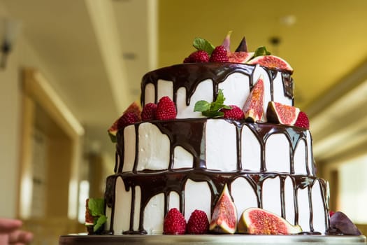 Chocolate cake with figs and raspberries close-up