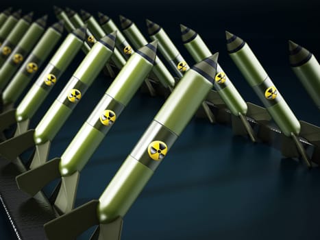 Nuclear missiles in a row. 3D illustration.