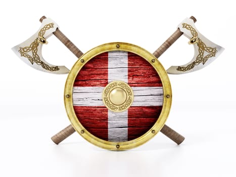 Viking shield and axes isolated on white background. 3D illustration.