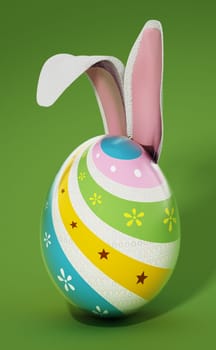 Easter egg with rabbit ears isolated on green background. 3D illustration.