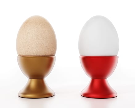 Egg holders with white and yellow eggs isolated on white background. 3D illustration.