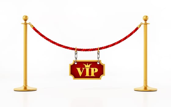 Gold barriers with velvet rope. 3D illustration.