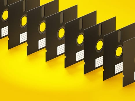 5.25 inch floppy disks isolated on yellow background. 3D illustration.