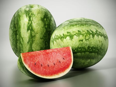 Fresh watermelons and one watermelon slice. 3D illustration.
