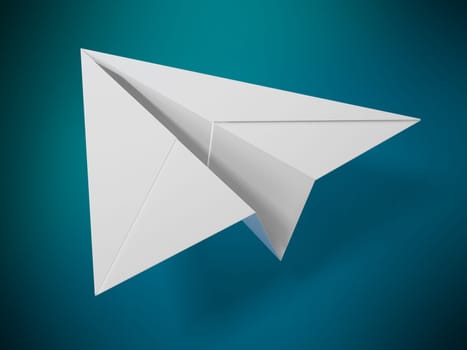 Paper airplane on blue green background. 3D illustration.