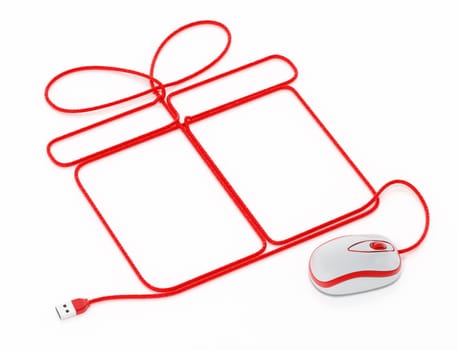 Mouse connected to cord forming giftbox shape. 3D illustration.