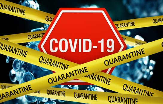 Covid-19 signboard among yellow tapes with quarantine word. 3D illustration.