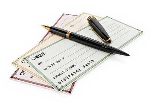 Colored cheques and ink pen isolated on white background. 3D illustration.