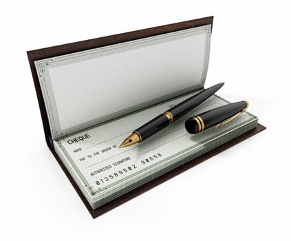 Cheque book and ink pen isolated on white background. 3D illustration.