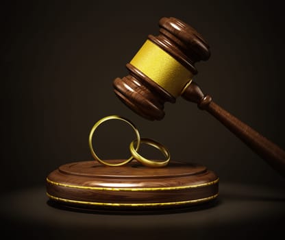Wedding rings and gavel on dark background. 3D illustration.