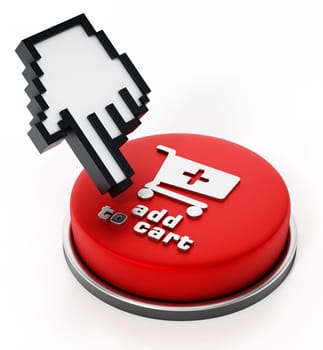 Digital hand icon on add to cart button. 3D illustration.