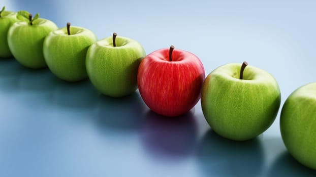 Red apple standing out from green apples. 3D illustration.