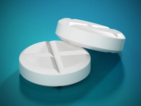 Two pills standing on green background. 3D illustration.