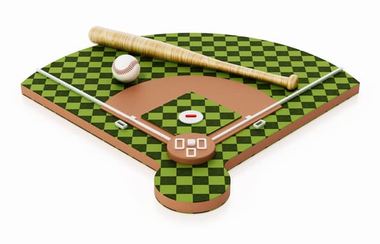Baseball bat and ball standing on baseball court. 3D illustration.