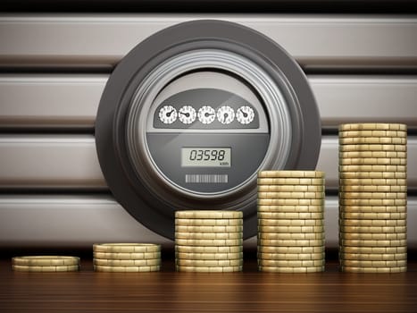 Rising gold coins standing in front of an electric meter. 3D illustration.