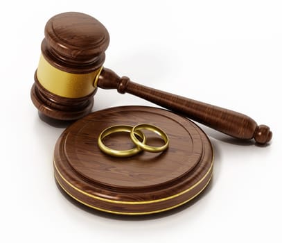 Wedding rings and gavel isolated on white background. 3D illustration.