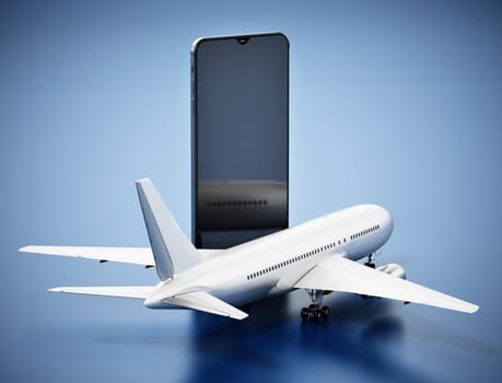 Airplane standing near smartphone screen. 3D illustration.