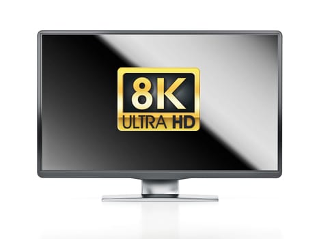 Gold 8K Ultra HD label on generic TV with reflection. 3D illustration.