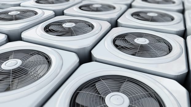 Generic air conditioner units in a row. 3D illustration.